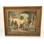 CONTINENTAL NEEDLEWORK PICTURE depicting an 18th century scene of horses and dogs in a courtyard,