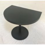 STAINED ASH D SHAPED DINING TABLE standing on metal column and circular base, 75.5cm high and