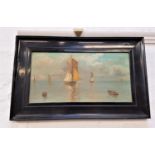 CONTINENTAL SCHOOL Fishermen rowing out to their boats, oil on board, 15cm x 30cm