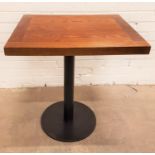 OAK RECTANGULAR TOPPED BAR TABLE standing on turned metal column with circular base, the top 60cm