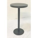 STAINED ASH CIRCULAR TOPPED HIGH BAR TABLE standing on metal column with circular base, 112.5cm high