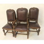 SET OF SIX OAK DINING CHAIRS each with a shaped padded back and vine and grape carved decoration,