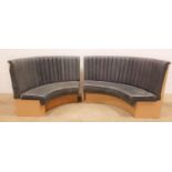 PAIR OF CURVED GREY VINYL BANQUETTE SEATS with ribbed high backs above padded seats, approximately