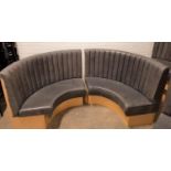 PAIR OF CURVED GREY VINYL BANQUETTE SEATS with ribbed high backs above padded seats, approximately