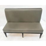 STRAIGHT BACK BENCH SEAT in grey vinyl, with high padded back above stuffover seat, standing on