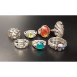 SEVEN VARIOUS SILVER RINGS including agate and stone set, a Claddagh example and one with skull