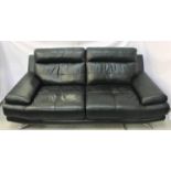 MODERN BLACK LEATHER SOFA of stylish design, standing on shaped chrome supports, 210cm long