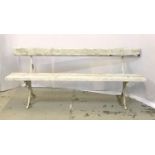 EARLY 20TH CENTURY PAINTED GARDEN BENCH with a slat back and seat on shaped iron supports, 183cm