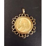 VICTORIA SOVERIGN COIN dated 1901, in pierced nine carat gold pendant mount, total weight