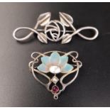 TWO ART NOUVEAU STYLE SILVER BROOCHES one set with enamel, mother of pearl, seed pearl and red