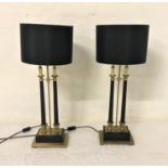 PAIR OF CLASSICAL COLUMN TABLE LAMPS each raised on an oblong brass base and with twin columns and