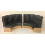 PAIR OF CURVED GREY VINYL BANQUETTE SEATS with ribbed high backs above padded seats, each