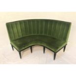 GREEN VELVET CURVED BACK BANQUETTE SEAT the raised ribbed back above padded seat, standing on nine