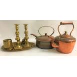 SELECTION OF BRASS AND COPPER WARE including two copper range kettles, brass trivet, oval three