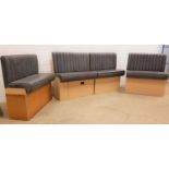 FOUR STRAIGHT GREY VINYL HIGH BANQUETTE SEATS with ribbed high backs above padded seats, two 120cm