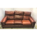 TOBACCO BROWN LEATHER THREE SEAT SOFA with back, seat and side zip in cushions, 220cm wide