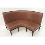 CURVED BACK BENCH SEAT in brown vinyl, with high padded back above stuffover seat, with decorative