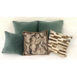 FIVE VARIOUS CUSHIONS comprising three velvet teal coloured cushions by Paoletti, one printed with