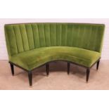 GREEN VELVET CURVED BACK BANQUETTE SEAT the raised ribbed back above padded seat, standing on nine