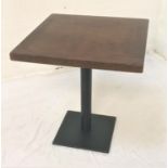 STAINED OAK SQUARE TOPPED BAR TABLE standing on column support with square base, 76cm high and