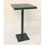 STAINED ASH SQUARE TOPPED HIGH BAR TABLE standing on metal column with square base, 113cm high and