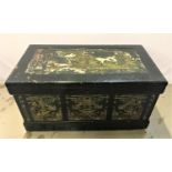 PAINTED PINE BLANKET BOX the lift up lid with an inset Chinese paper panel, the interior with a