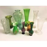 SELECTION OF GLASS VASES of various sizes, colours and designs, including, twist, etched and cut