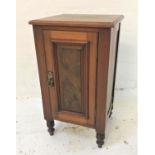 LATE VICTORIAN WALNUT BEDSIDE CUPBOARD with a square moulded top above a panelled door opening to