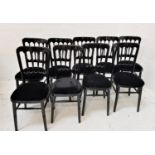 SET OF NINE BLACK GLOSS FUNCTION CHAIRS with shaped stick backs above padded seats, stackable (9)