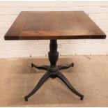 OAK SQUARE TOPPED BAR TABLE standing on pedestal column with four outswept supports, 70cm wide and