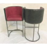 PAIR OF TUB BAR STOOLS with grey exterior and pink interior vinyl covering, raised on steel supports