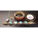 SELECTION OF SILVER GILT AND OTHER JEWELLERY comprising a red cinnabar and silver gilt bracelet; the