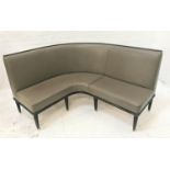 CURVED BACK BENCH SEAT in grey vinyl, with high padded back above stuffover seat, standing on nine