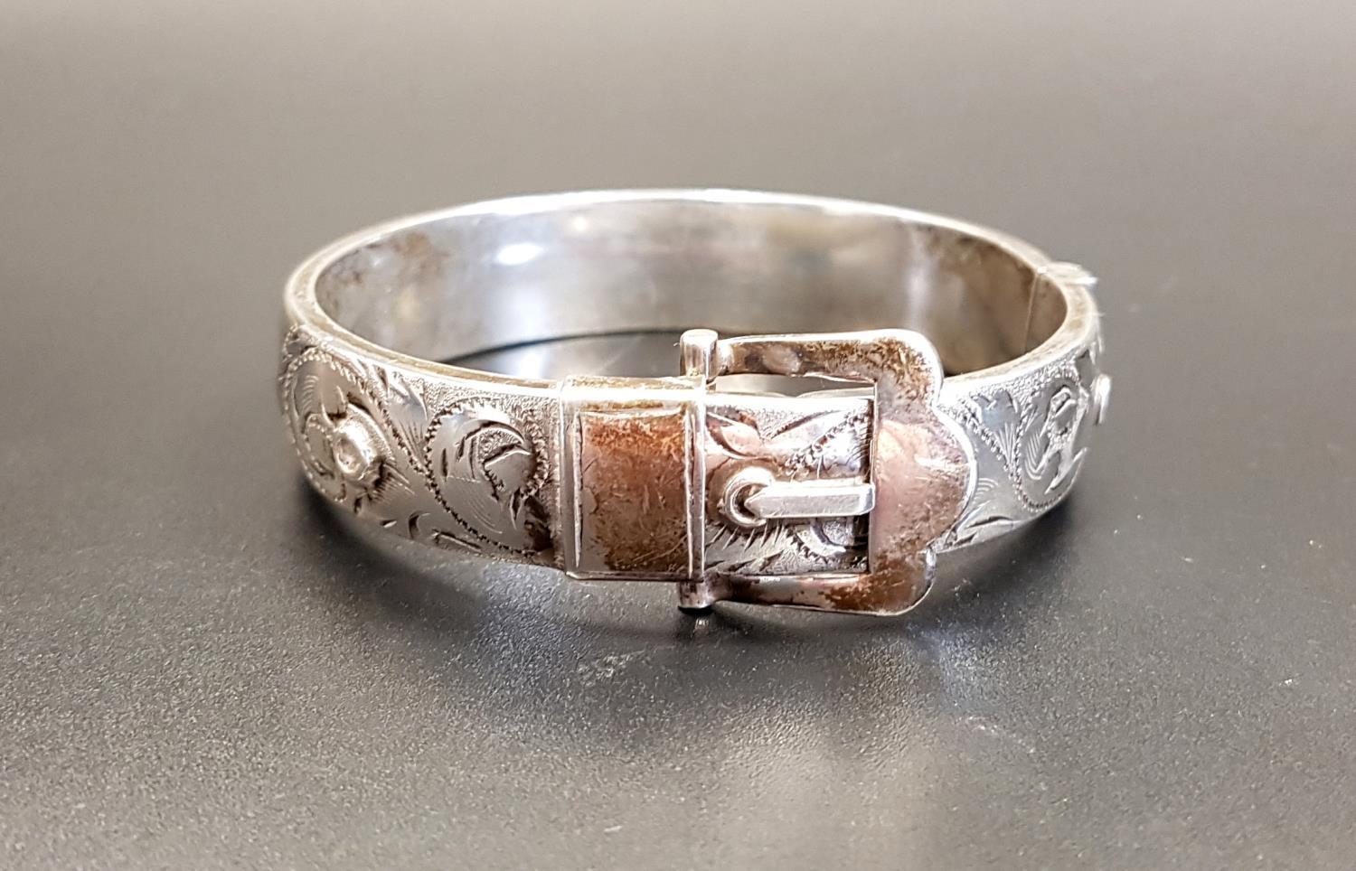 VICTORIAN STYLE SILVER BUCKLE STYLE BANGLE with engraved scroll decoration, Birmingham 1968
