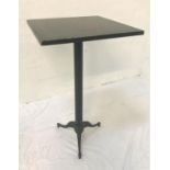 STAINED WOOD SQUARE TOPPED HIGH BAR TABLE standing on metal column with tripod base, 117cm high