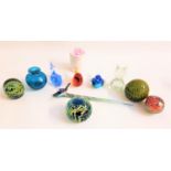 SELECTION OF COLOURFUL PAPERWEIGHTS AND OTHER GLASSWARE including three Mdina paperweights and a