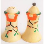 CLARICE CLIFF FOR NEWPORT POTTERY Bizarre pattern salt and pepper of conical shape, the salt 9cm