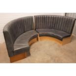 PAIR OF CURVED GREY VINYL BANQUETTE SEATS with ribbed high backs above padded seats, approximately