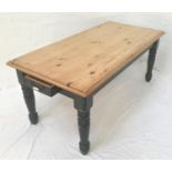 VICTORIAN STYLE PINE KITCHEN TABLE with a waxed top above a painted frieze with a drawer, standing