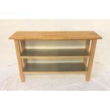 OAK AND CHESTNUT BUTCHERS TYPE SIDE TABLE with a segmented block top above two metal shelves,