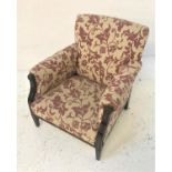 MAHOGANY FRAME ARMCHAIR with a padded back and seat, with scroll arms with decorative stud detail,