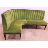 GREEN VELVET CURVED BANQUETTE SEAT the raised ribbed back above padded seat with decorative stud