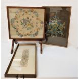 NEEDLEWORK COMBINATION FIRE SCREEN with floral needle work panel that tilts to form an occasional