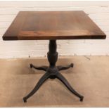 STAINED OAK TOPPED BAR TABLE the square top raised on a metal tripod base, 72.5cm high and