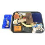 MIXED LOT OF COLLECTABLES including a table blotter, ivory animal tooth brooch, carved bone