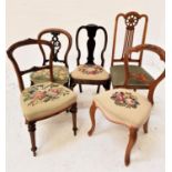 HARLEQUIN SET OF FIVE DINING CHIRS Victorian and later with four having floral needlework seats