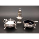 THREE PIECE SILVER CRUET SET comprising a mustard pot with hinged cover (liner lacking), an open