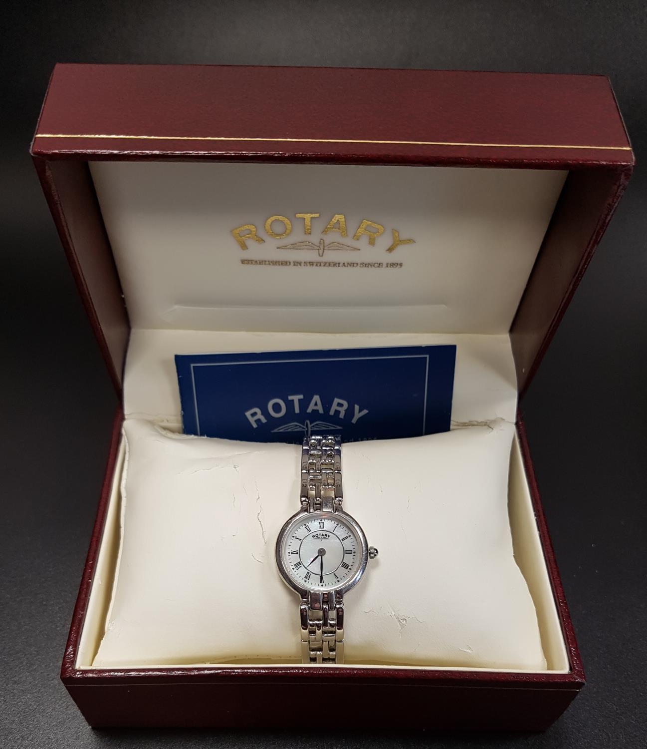 LADIES SILVER CASED ROTARY WRISTWATCH the mother of pearl dial with Roman numerals, on silver