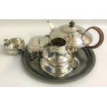 SELECTION OF SILVER PLATE AND OTHER METAL WARE including a squat tea pot with a woven handle, milk