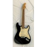 ELECA STRATOCASTER STYLE ELECTRIC GUITAR the black gloss body with white pickguard section, strap